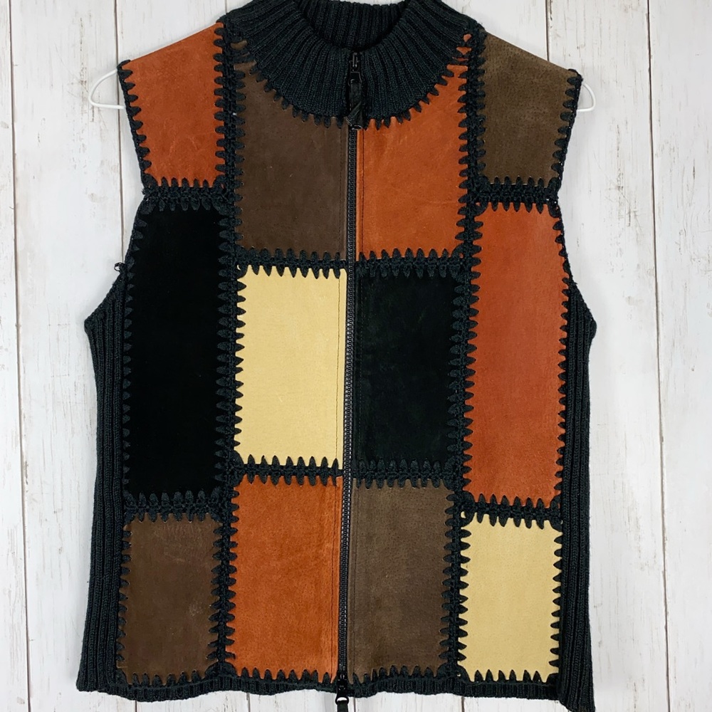 Planet & Company Suede Leather Sweater Zip Vest Colorblock Patchwork Sz M Petite